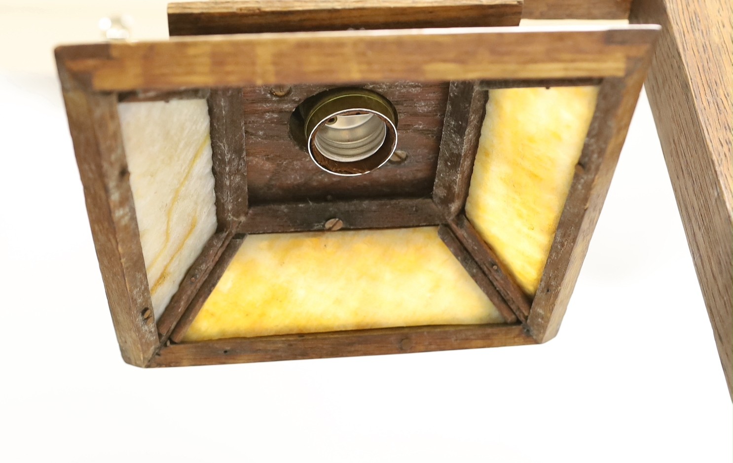 An oak mission-style lamp, 23cms high x 46cms wide